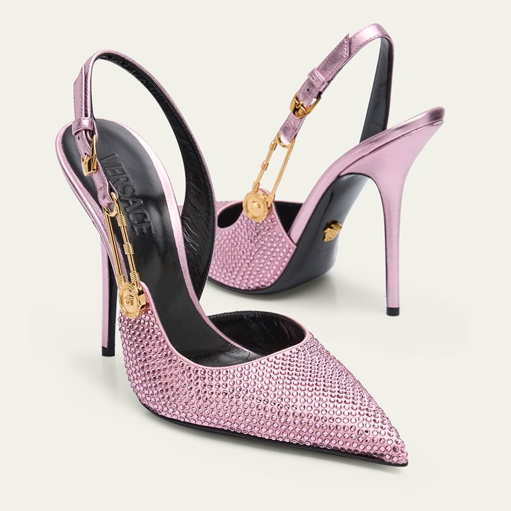 Versace Safety Pin Crystal Slingback Pumps Baby Pink & Gold Size 36.5/ 6.5